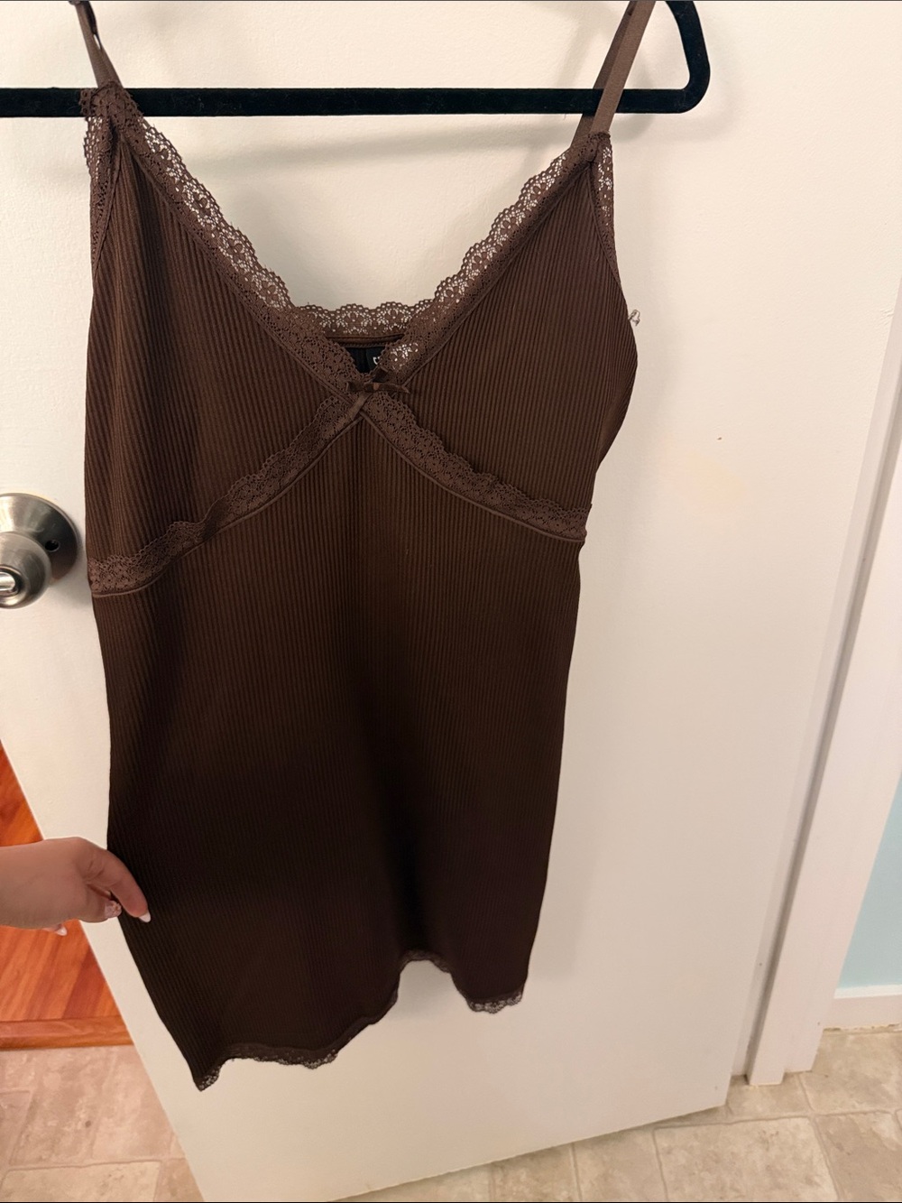 H&M Ribbed Lace-Trim Slip Dress - Brown